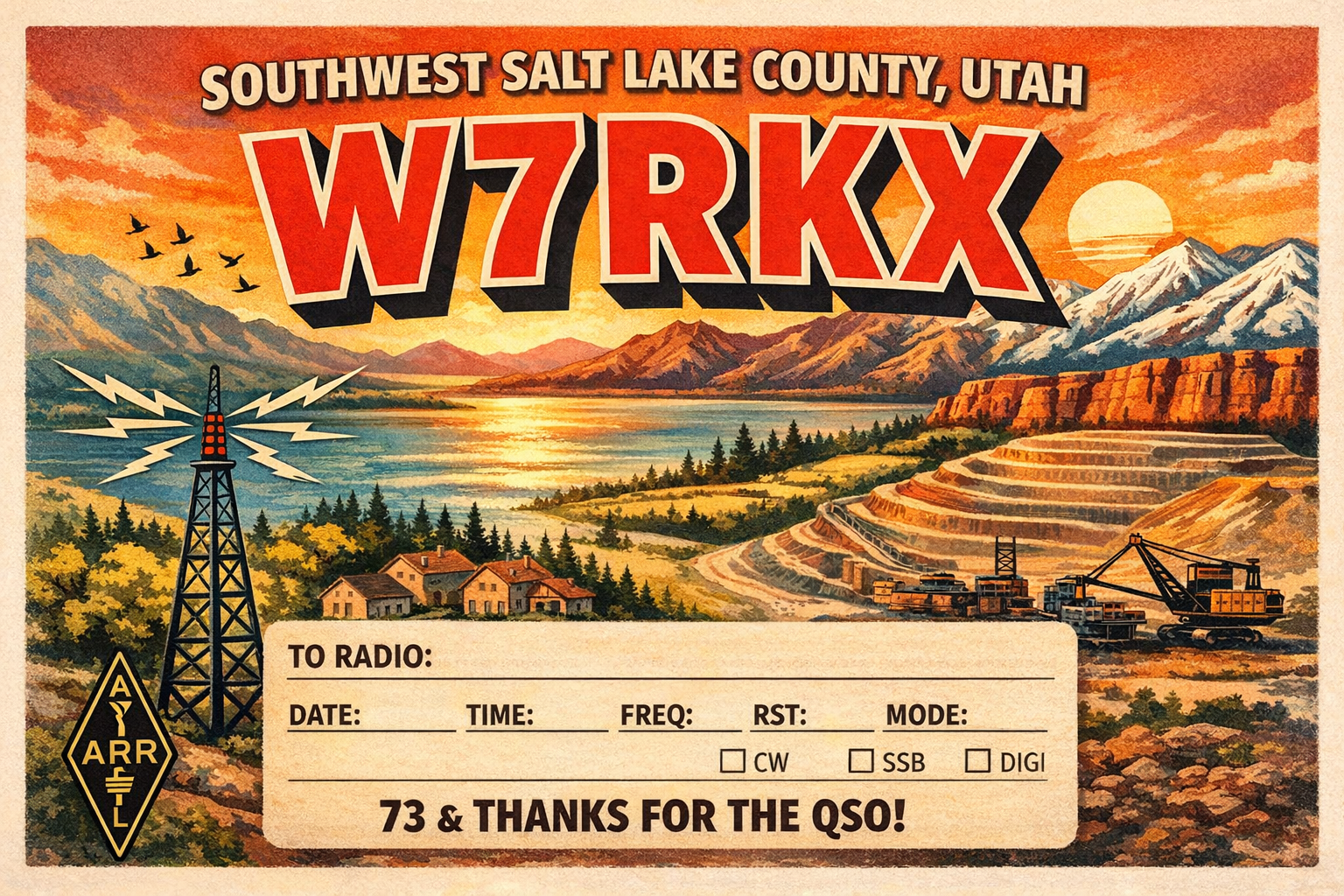W7RKX QSL card with mountain and lake illustration
